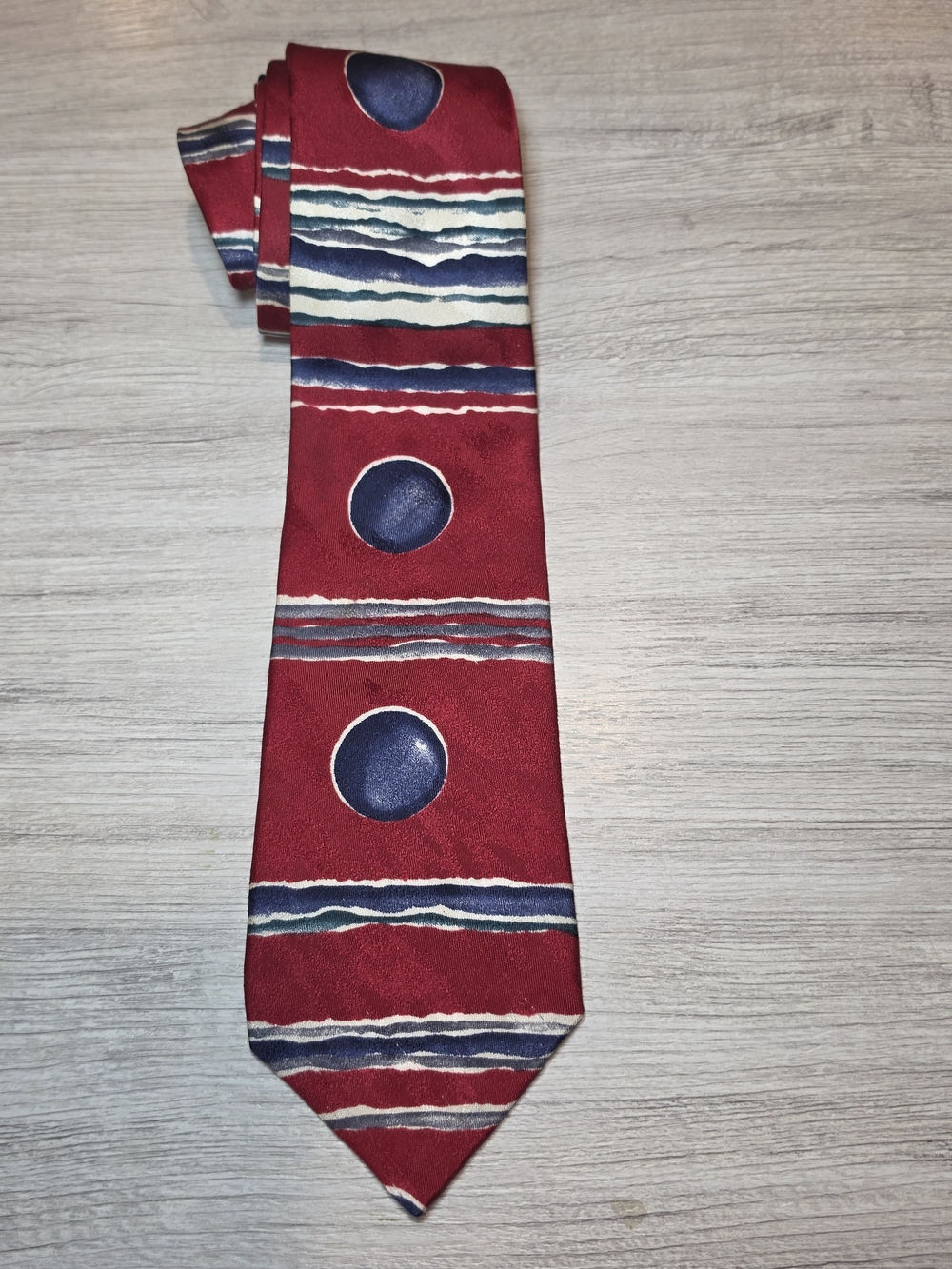 Vintage Bugatti Necktie 100% Italian Silk Men's Abstract Navy, Red, White 56in